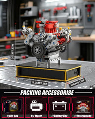 MOCBURIKU Mini V8 engine parts close-up for accurate assembly and curiosity.