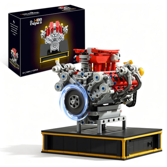 MOCBURIKU Mini V8 engine running shows realistic piston motion for hands-on learning.