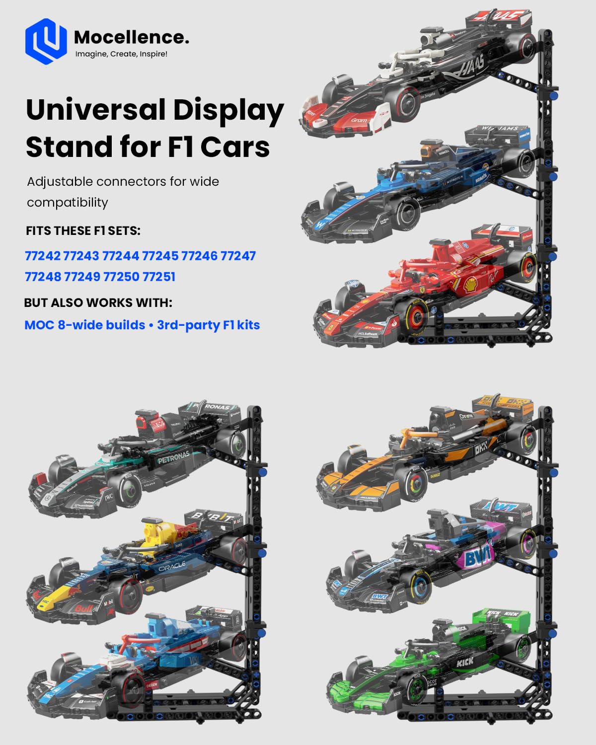 Three-layer Mocellence stand showcases F1 cars while saving shelf space
