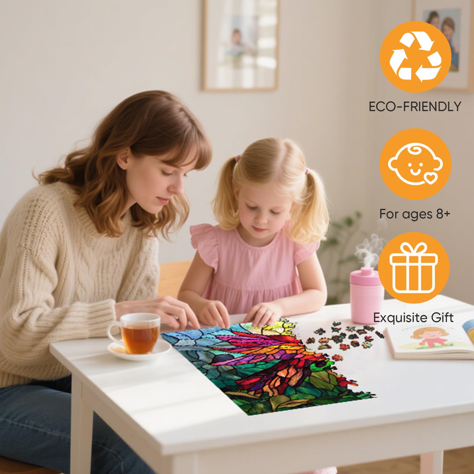 Mocfesk colorful bird floral puzzle highlights detailed floral patterns.