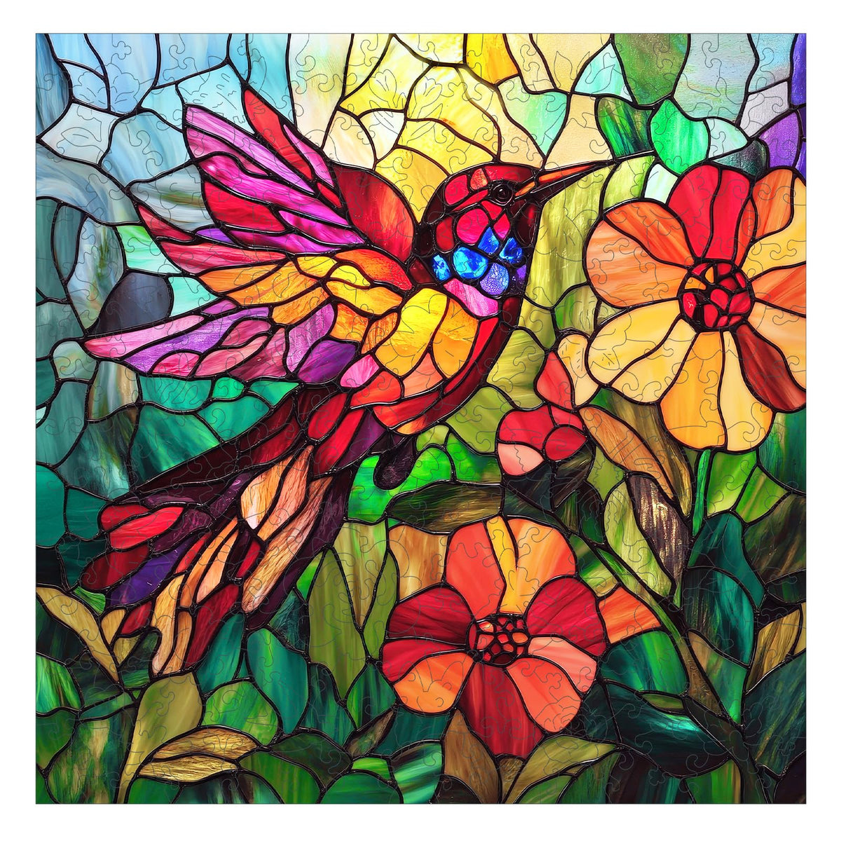 Mocfesk stained-glass hummingbird puzzle shows vibrant colors for display.
