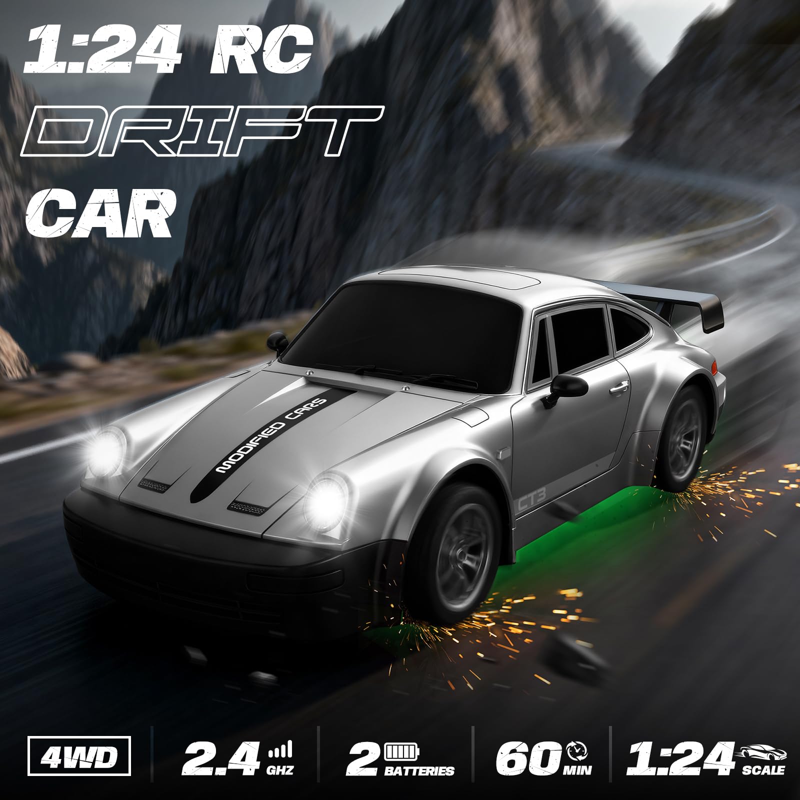 MOCOMI RC drift car LED lights enhance nighttime play.
