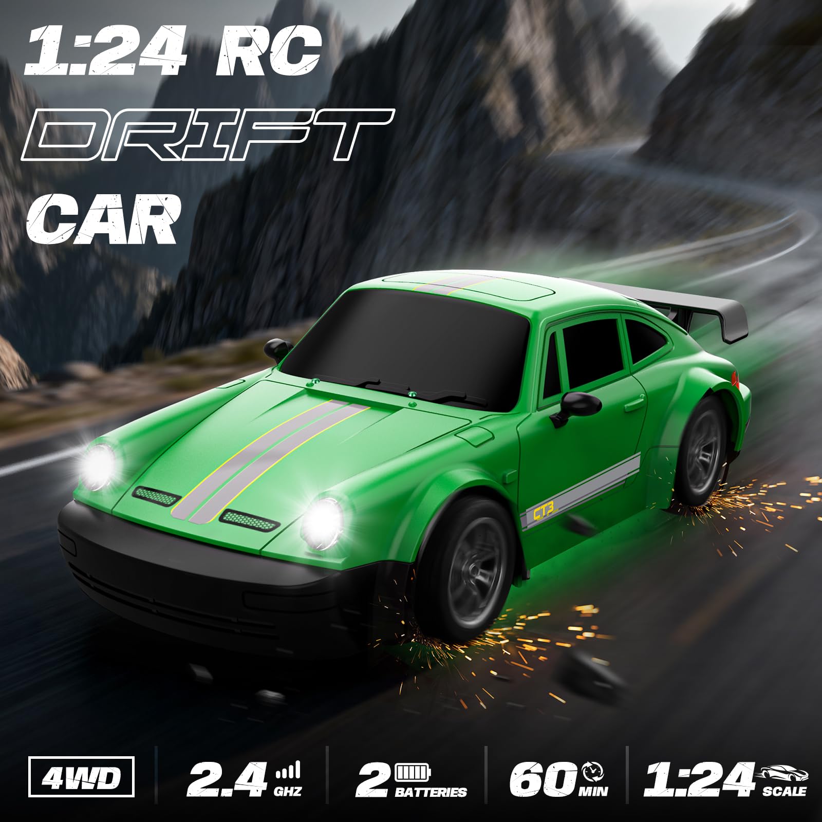 MOCOMI RC drift car side profile shows durable ABS body for rugged use
