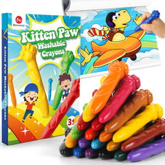 Mocoosy 18-color jumbo crayons with kitten paw designs, easy grip for toddlers.