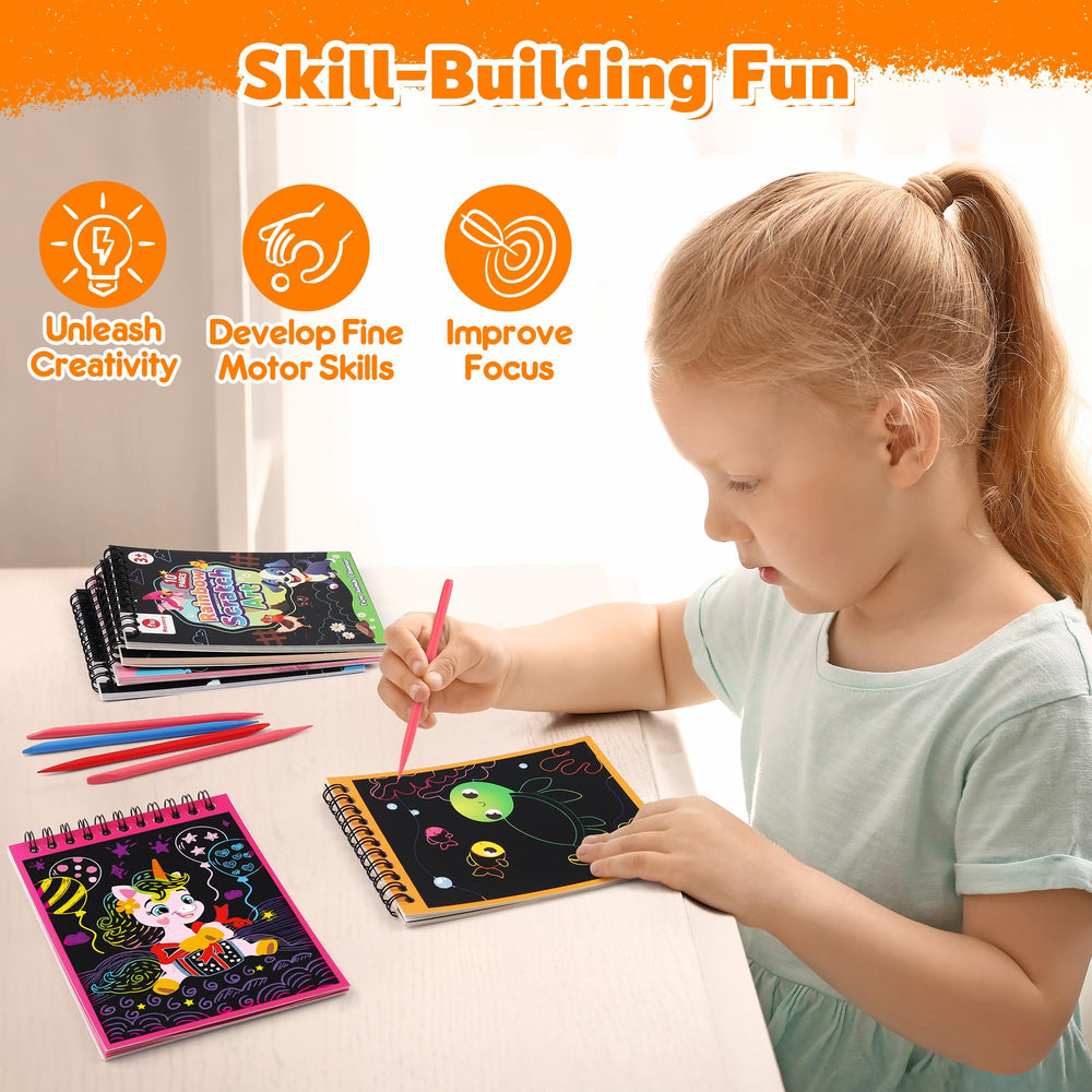 Mocoosy classroom prizes inventory featuring rainbow scratch art sets.