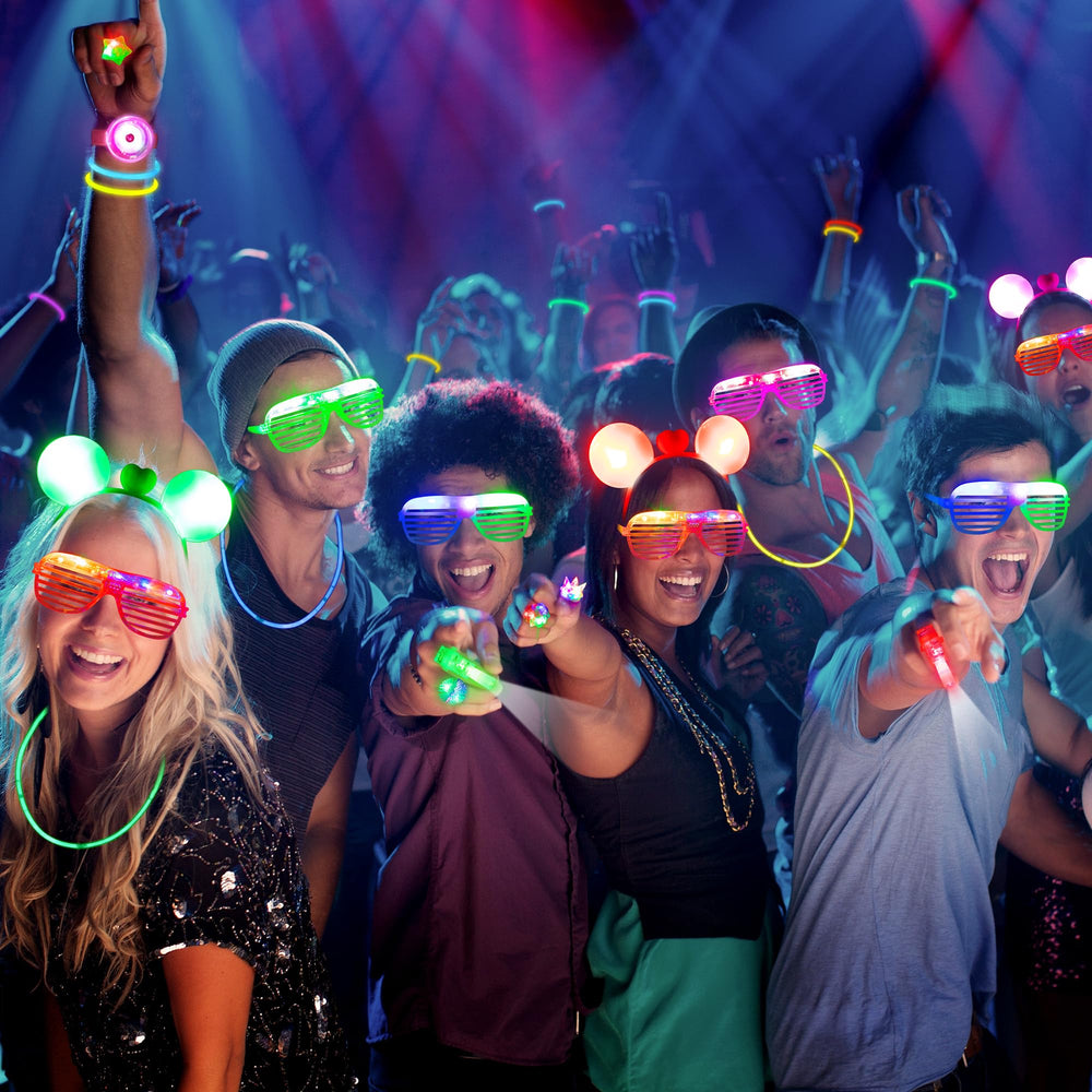 Mocoosy glow party prop display shows the full kit in action.