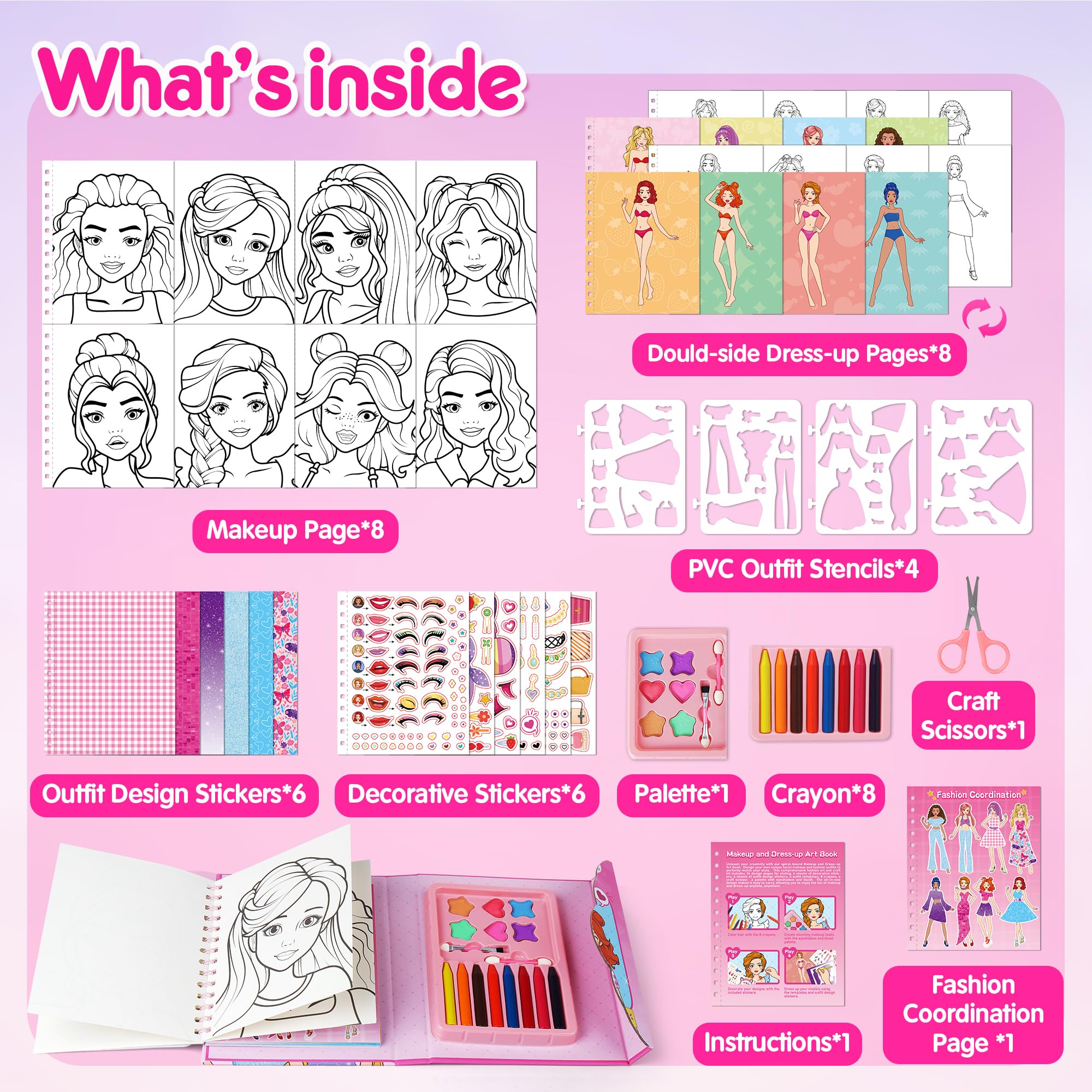 Mocoosy makeup craft kit book pages enabling imaginative dress-up storytelling.