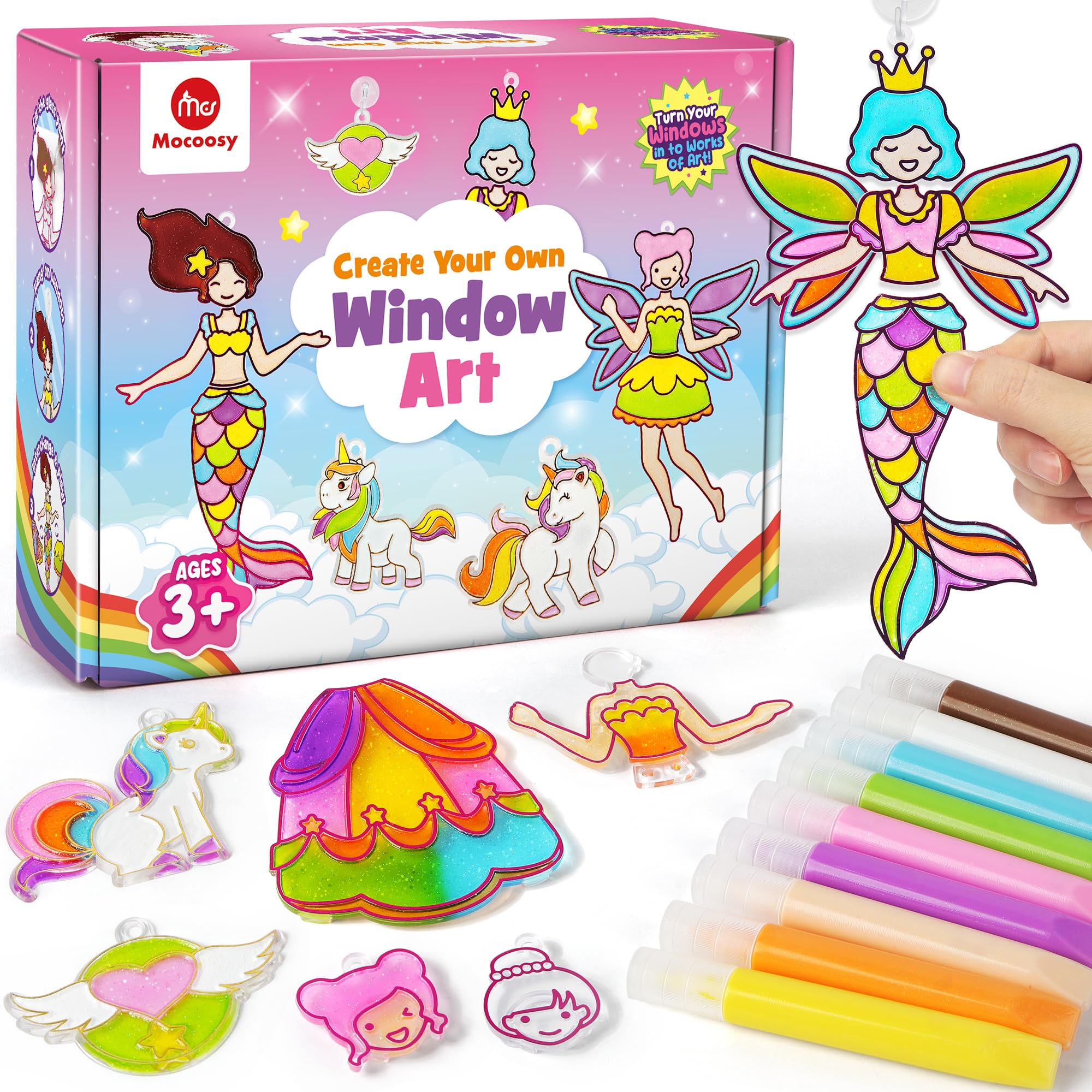 Mocoosy Princess Window Art Kit contents laid out for imaginative play