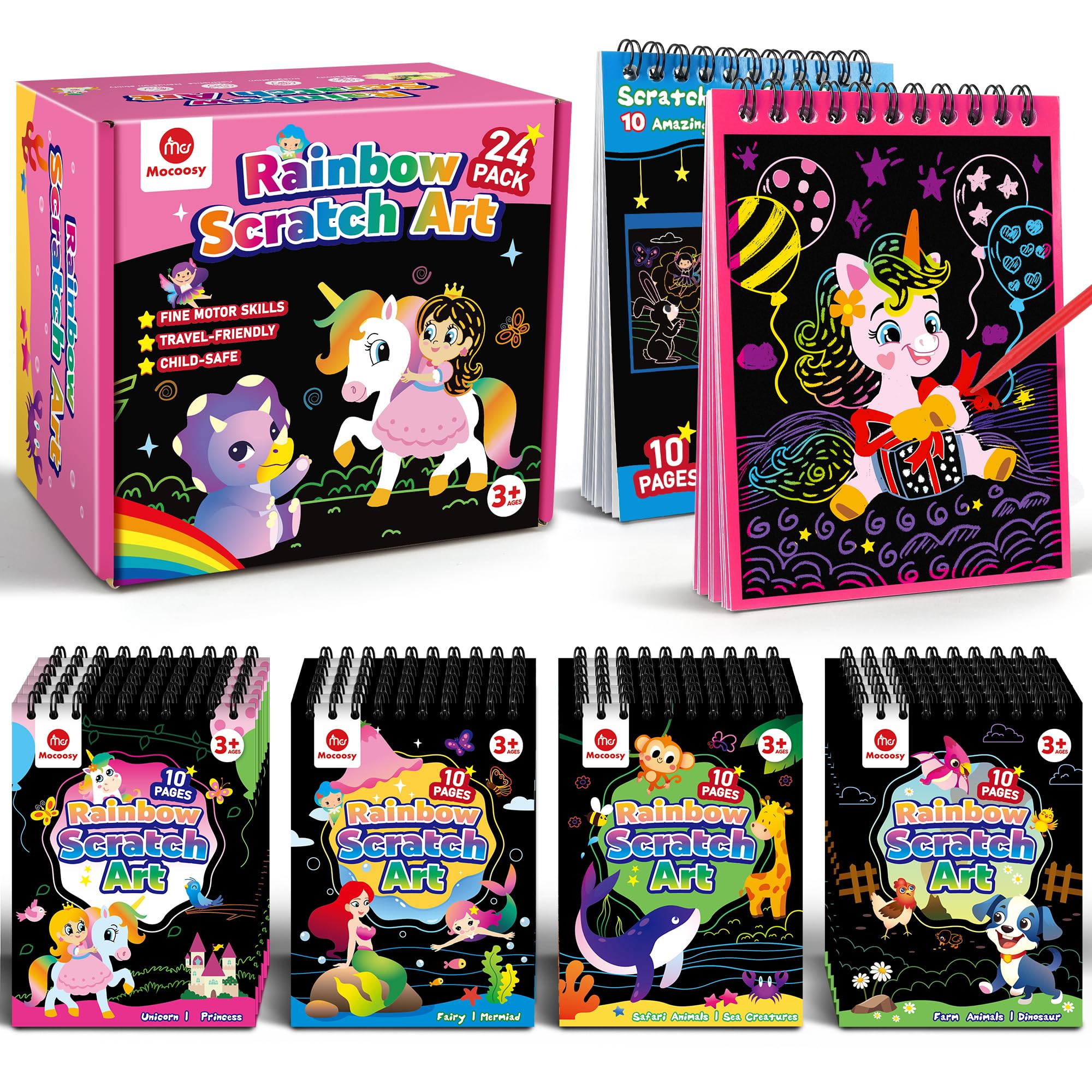 Mocoosy rainbow scratch art notebooks pack, perfect for party favors and screen-free creativity.