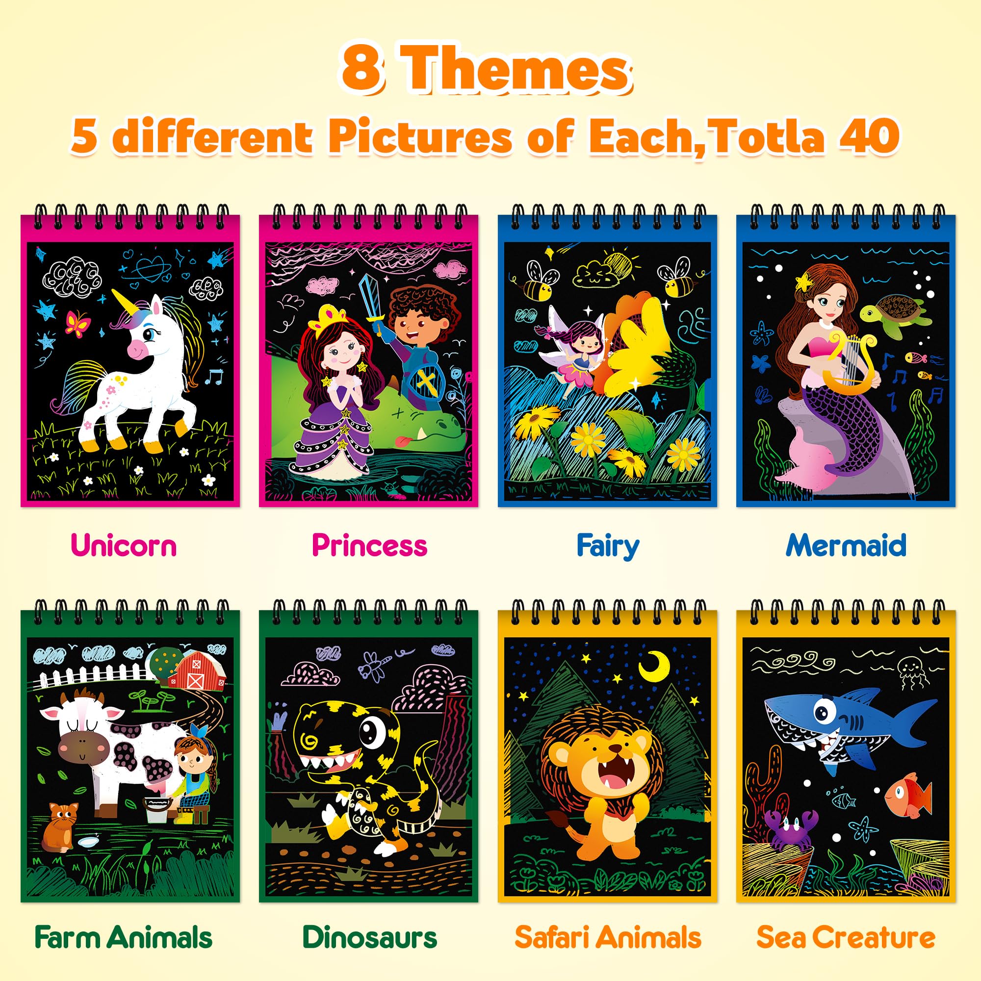 Mocoosy scratch art notebook close-up pages showing colorful reveals.
