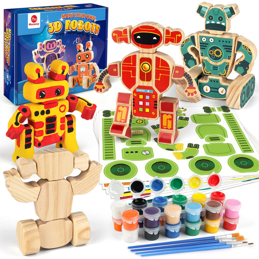Mocoosy wooden robot blocks for imaginative building and color painting.