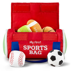 Modern Innovations Kidaddle travel bag with plush balls for easy on-the-go play.