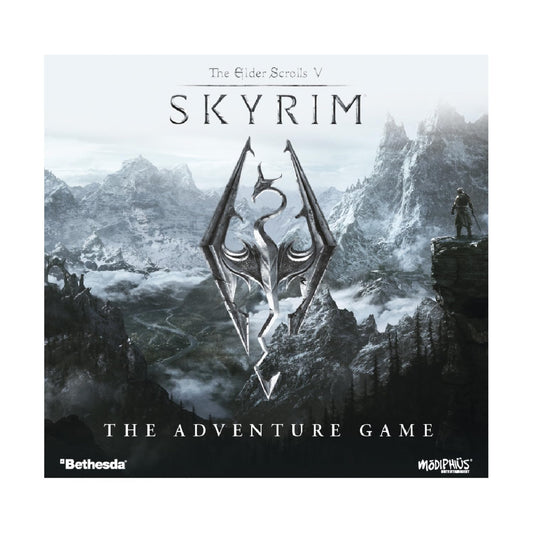 Modiphius Skyrim Adventure Game box and miniatures for immersive table play.