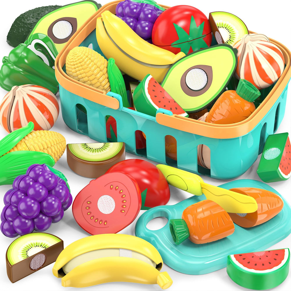 MOEAWS front packaging showing colorful 28-piece play food set and accessories for pretend kitchen