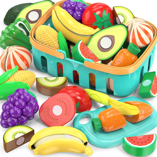 MOEAWS front packaging showing colorful 28-piece play food set and accessories for pretend kitchen