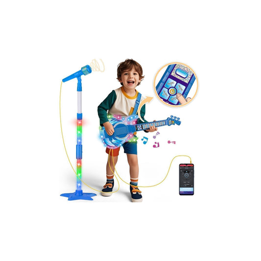 MOEAWS kids guitar and microphone set blue for imaginative musical play at home.