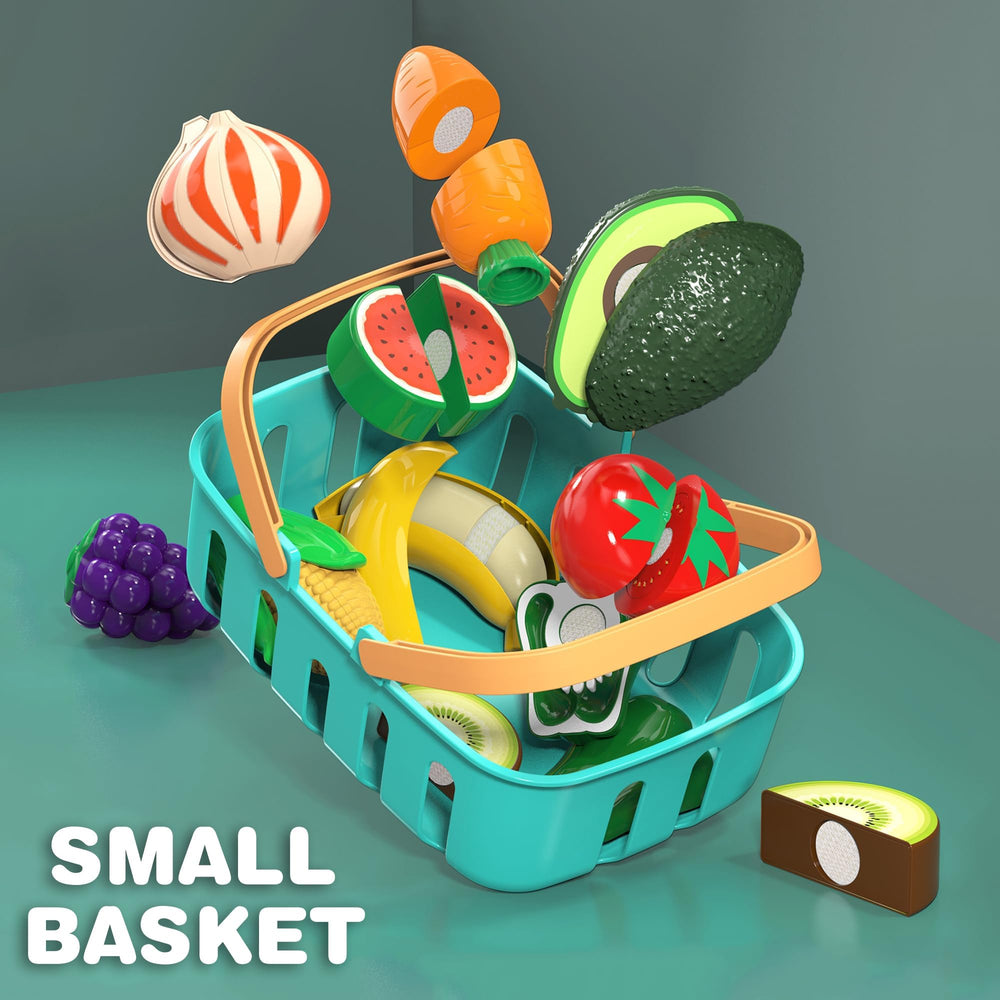 MOEAWS durable storage basket filled with play food pieces for tidy transport and storage