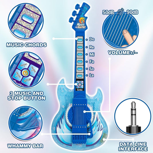 MOEAWS toy guitar close-up showing colorful design and play features.
