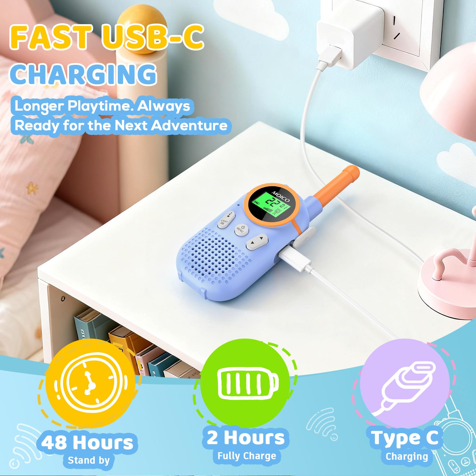 MOICO walkie talkie with backlit LCD screen for easy visibility.