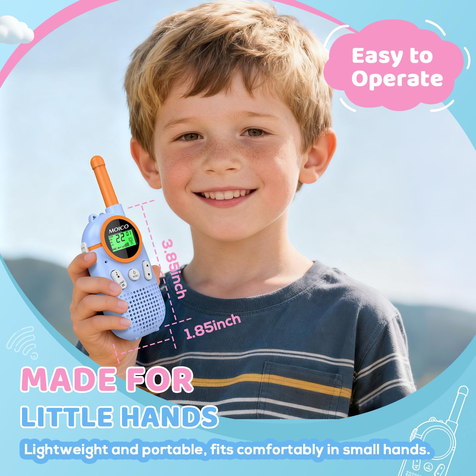 Lightweight MOICO walkie talkie fits small hands securely.
