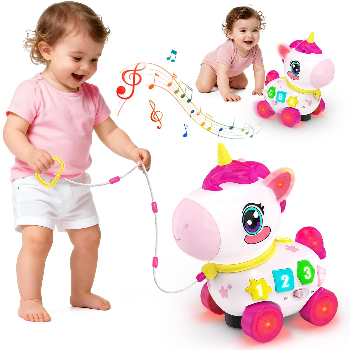 MOISTAR bilingual musical unicorn crawling toy promotes early mobility and curiosity.