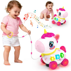 MOISTAR bilingual musical unicorn crawling toy promotes early mobility and curiosity.