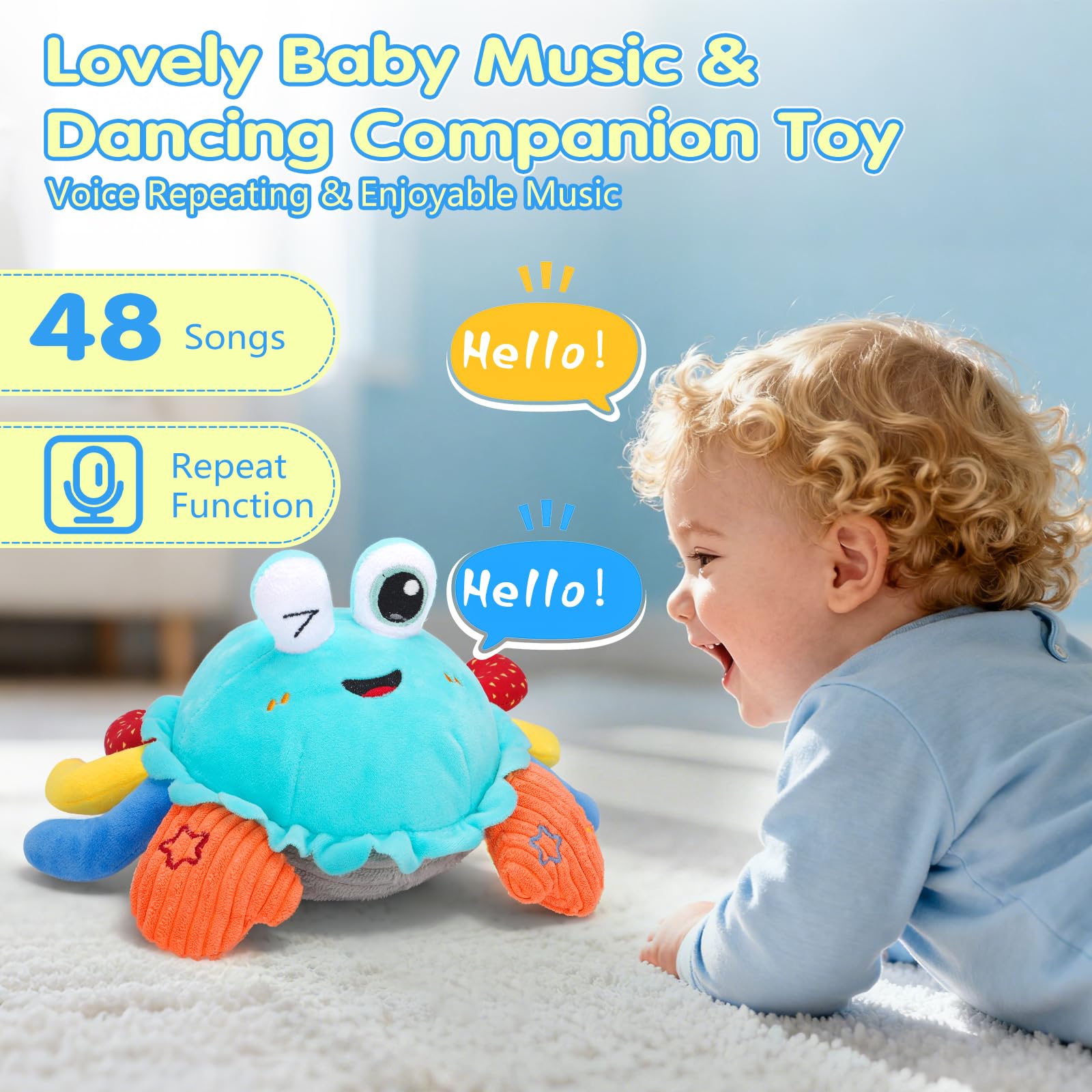 MOISTAR crab toy with 40 tunes enhances auditory awareness during play.
