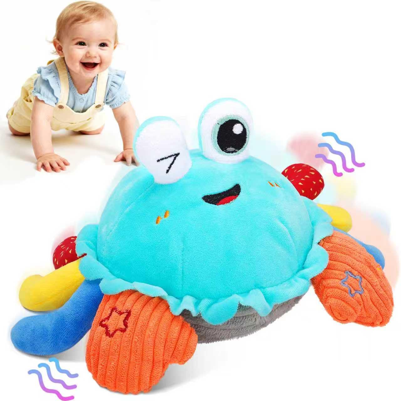 MOISTAR crawling crab toy dancing to encourage tummy time and motor skills.