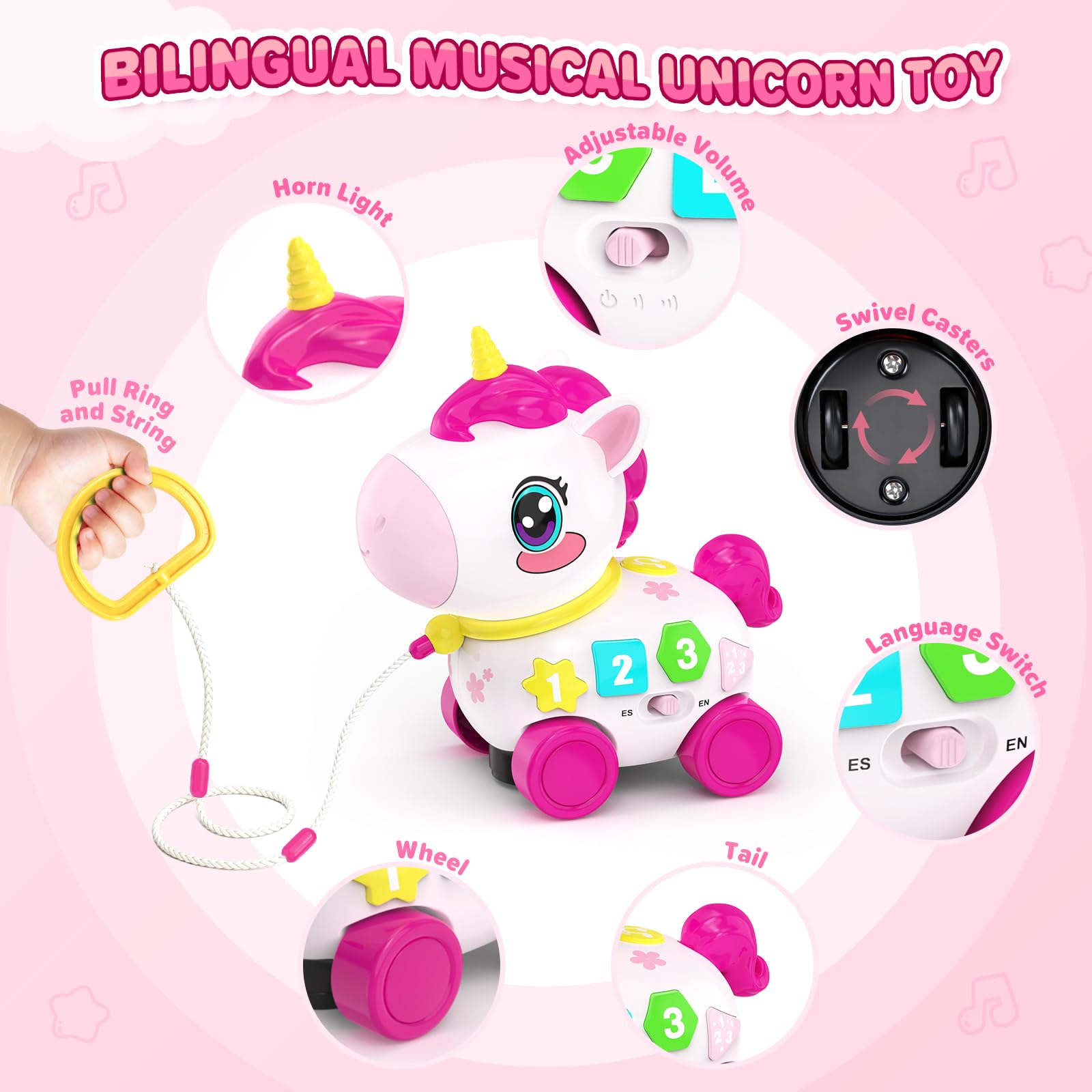 MOISTAR pull-string unicorn toy engages toddlers for crawling and walking.