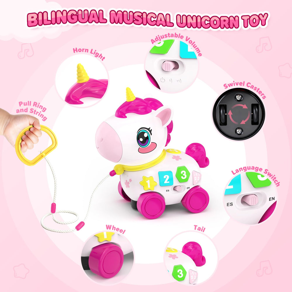 MOISTAR pull-string unicorn toy engages toddlers for crawling and walking.