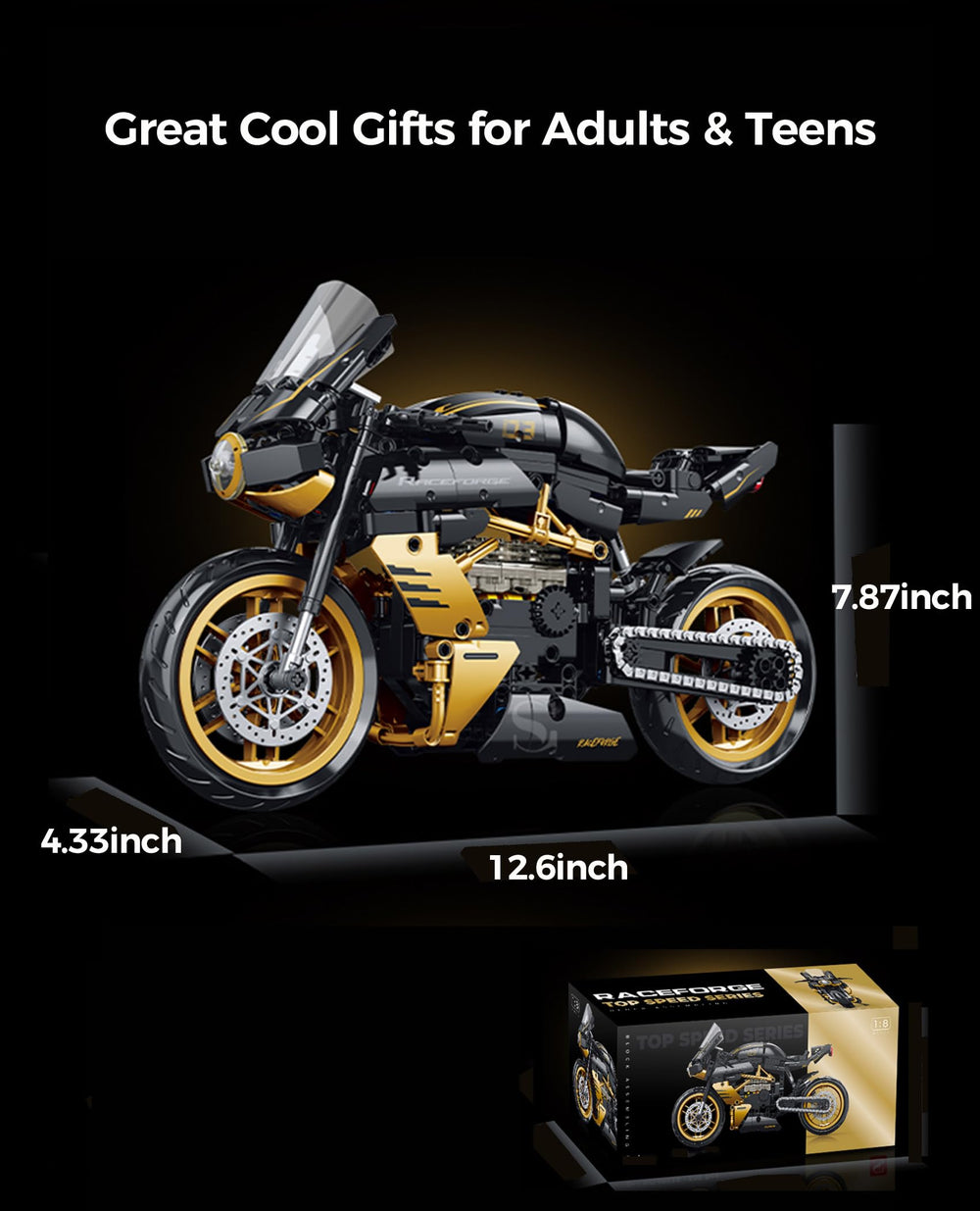 Moizoe 1:8 motorcycle display stand shown with the finished model.