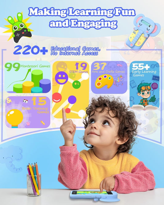 MOMILLA Kids Phone touchscreen display highlighting a large interface for interactive learning.