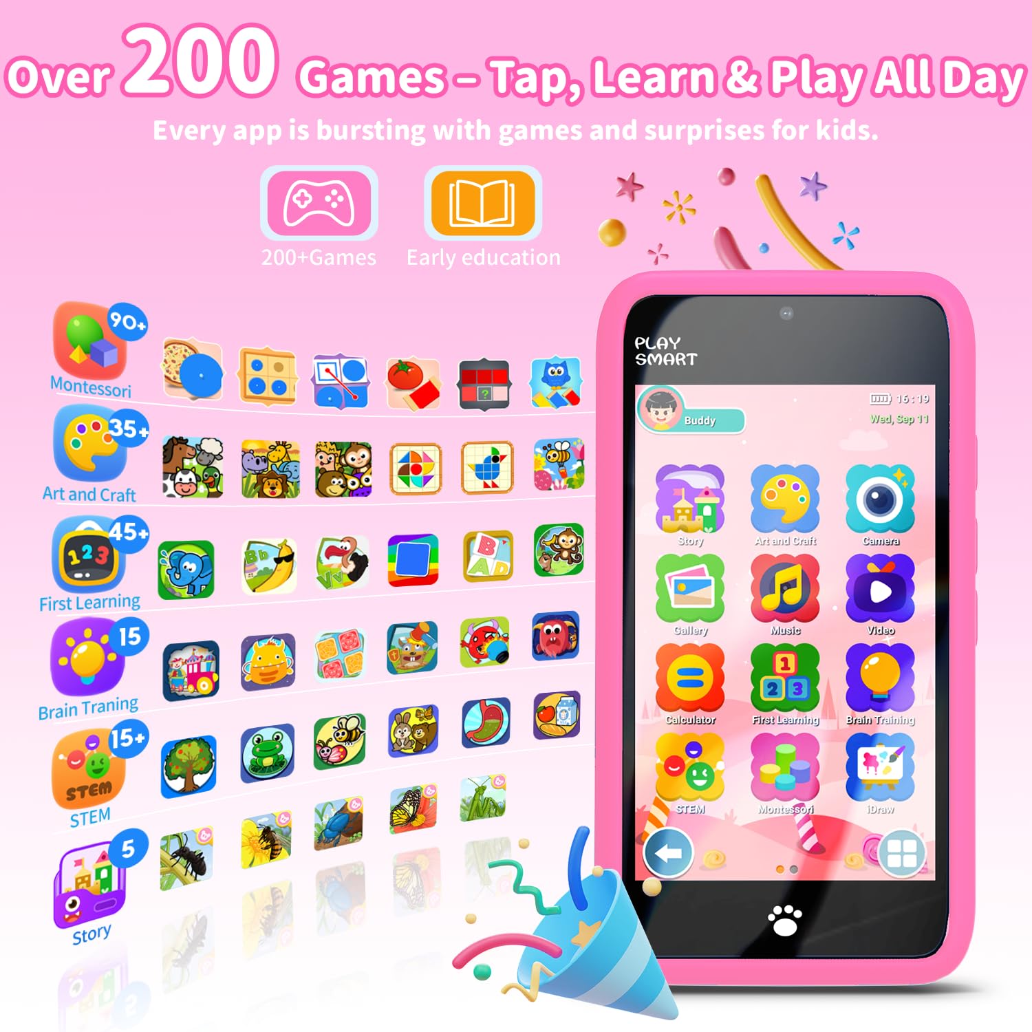 MOMILLA toy phone featuring dual cameras for photos and videos during playtime