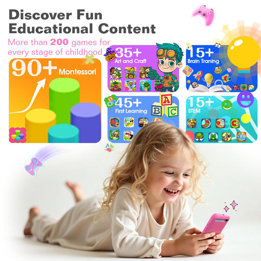 MOMILLA Toys kid's smart phone dual cameras close-up for creative photos and videos.