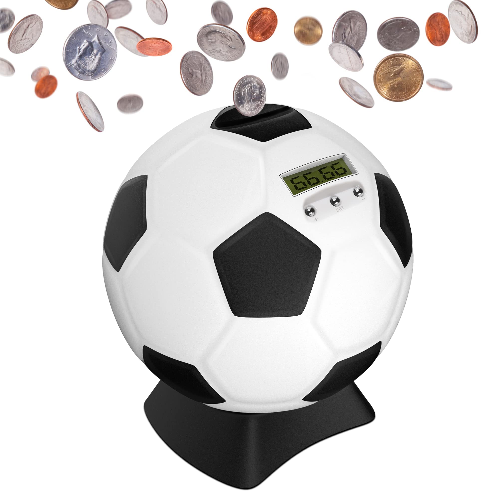 MOMMED football piggy bank front view with trophy-like soccer design for saving