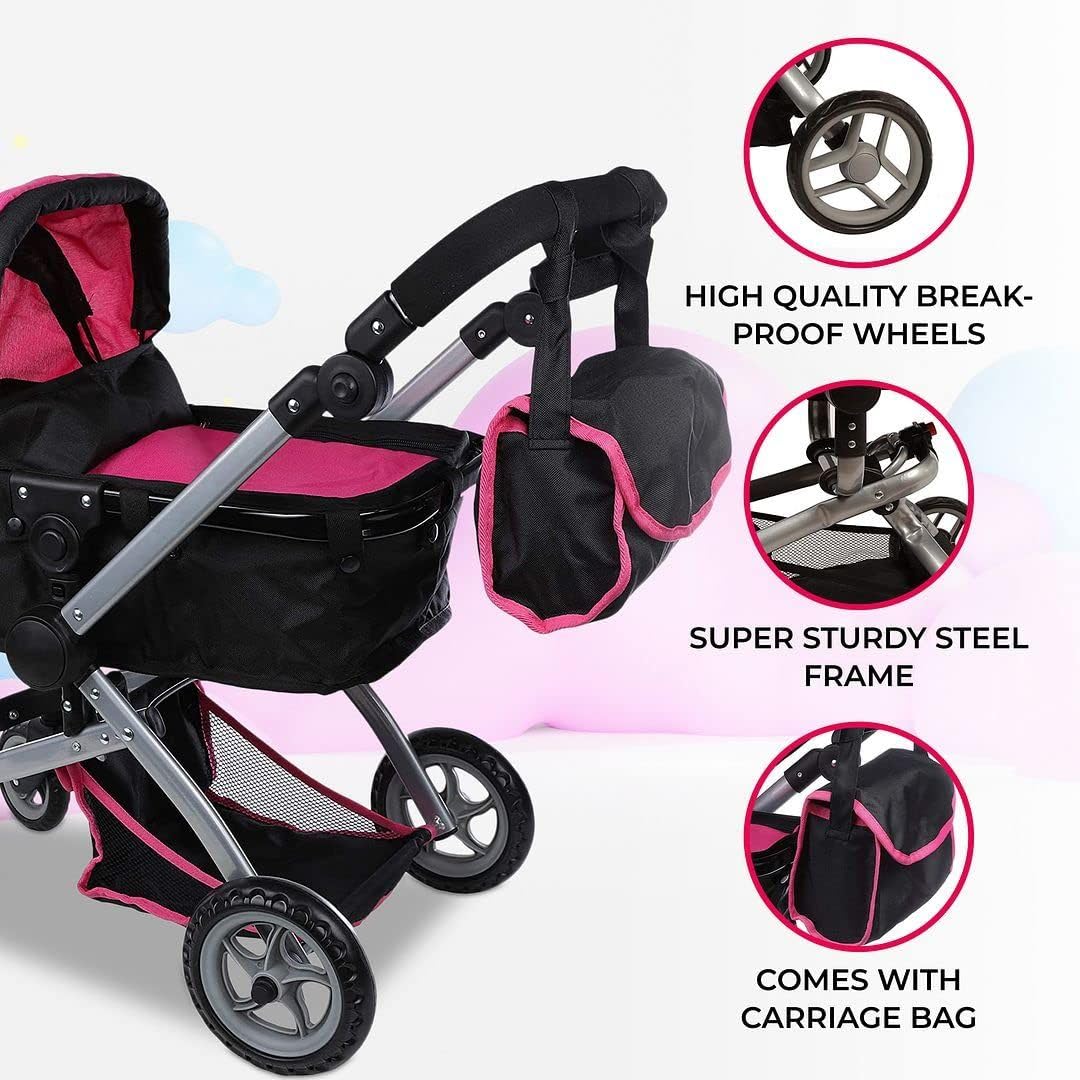 Mommy & Me Babyboo doll pram swiveling wheels for smooth maneuverability.