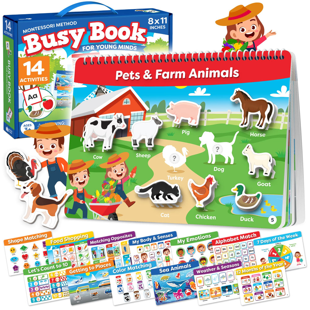Momo & Nashi Busy Book cover with bright Montessori visuals, ideal for screen-free play.