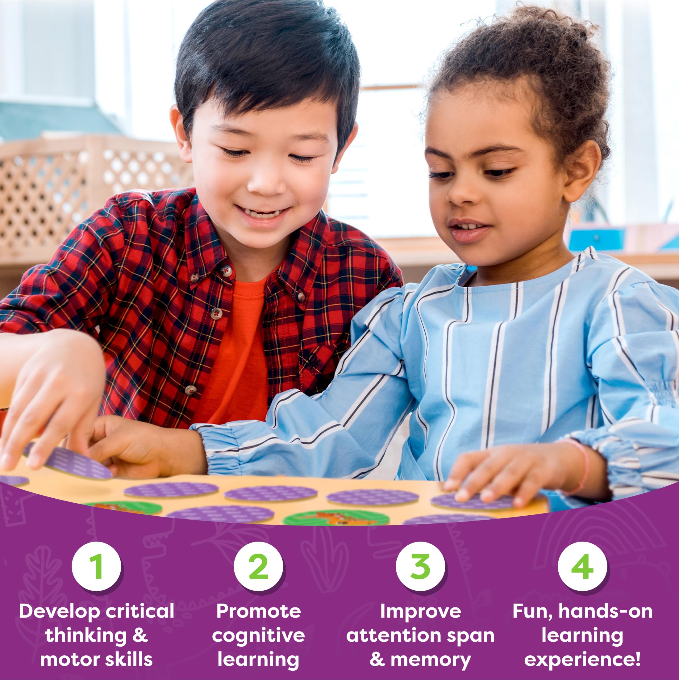 Momo & Nashi dinosaur illustrations bright and kid-friendly for focus during learning.