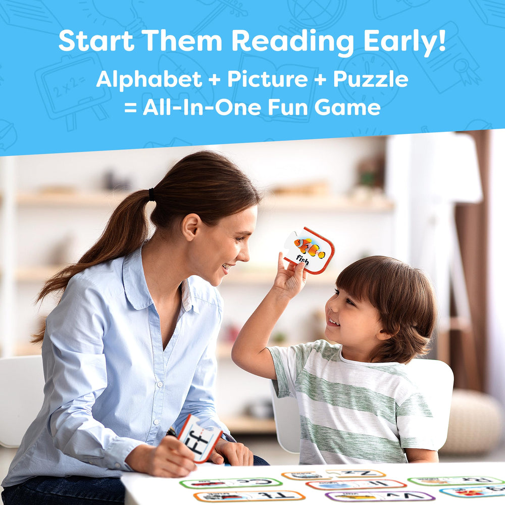 Upper and lowercase letters with clear pictures promote phonics and recognition.