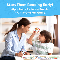Upper and lowercase letters with clear pictures promote phonics and recognition.
