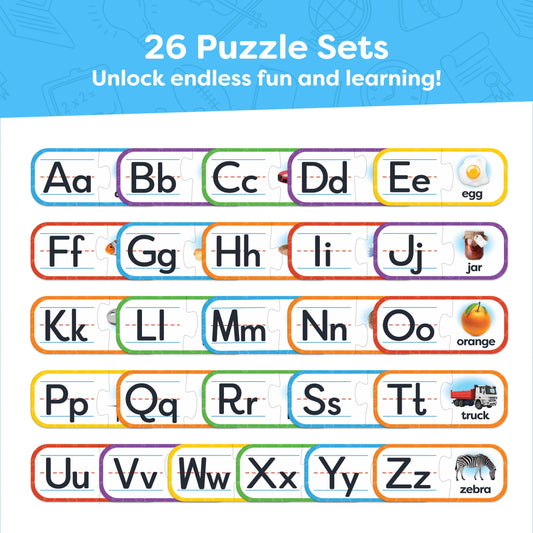 Self-correcting puzzle with interlocking joints guides correct letter matches.