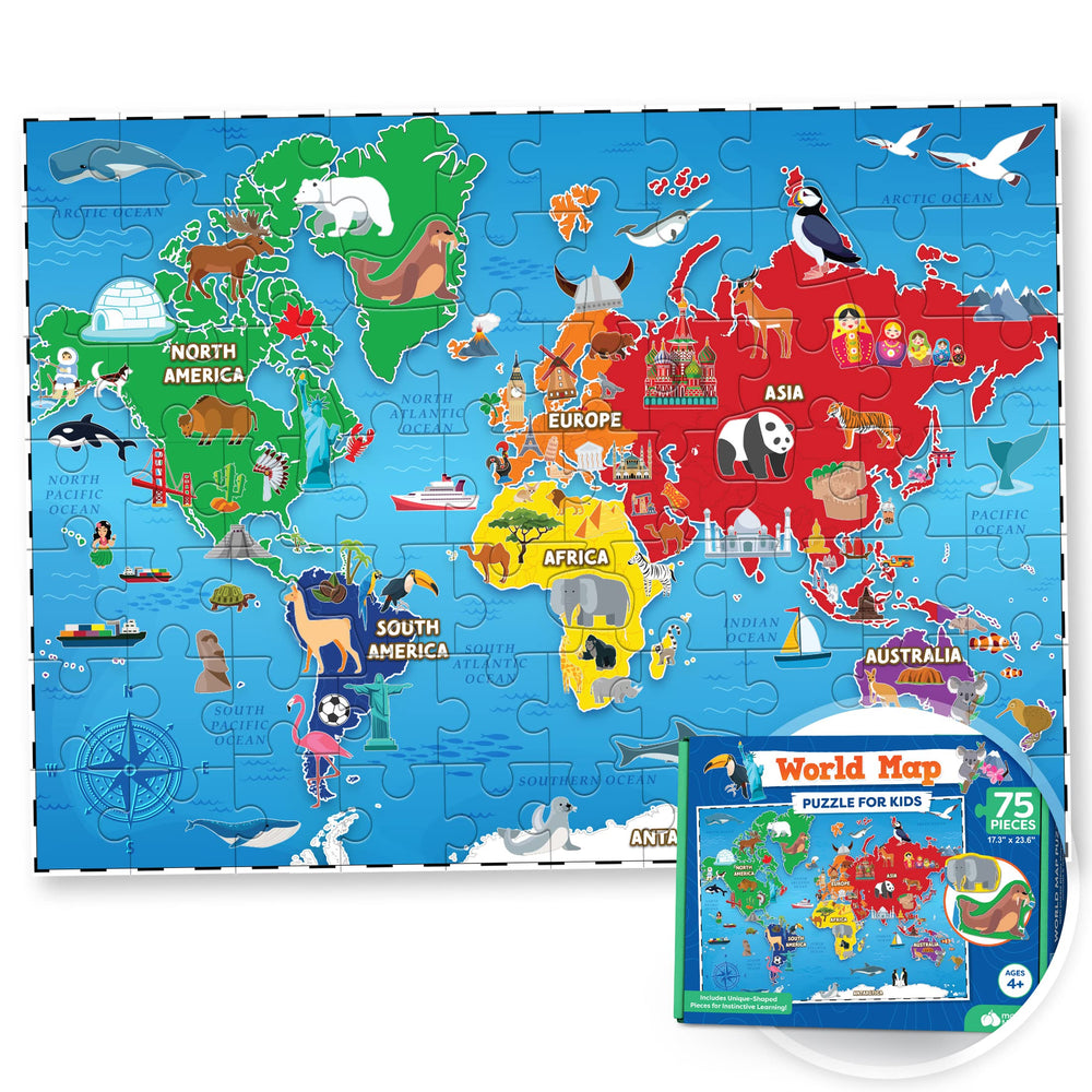 Momo & Nashi World Map Puzzle with 75 pieces for geography learning