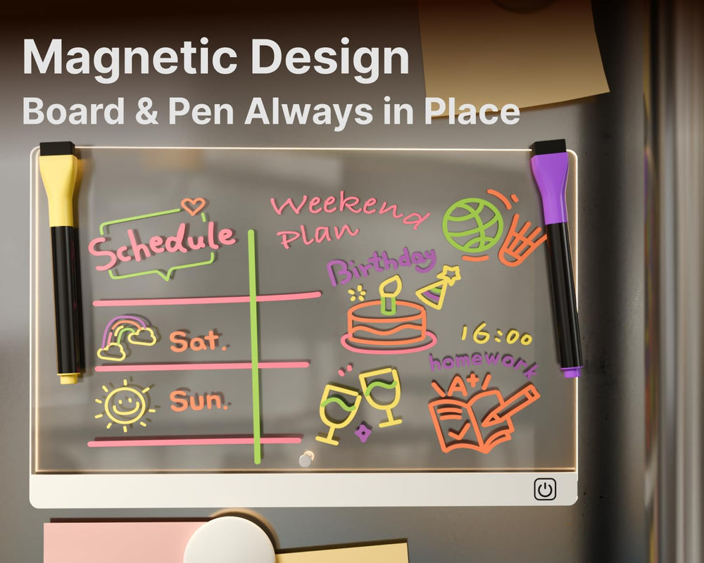 Momolumen LED Note Board displayed on desk with invisible stand for versatile use.