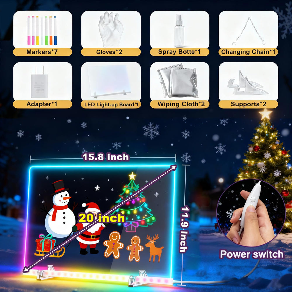 Momozzle LED drawing board with 12 fluorescent markers for bright artwork.