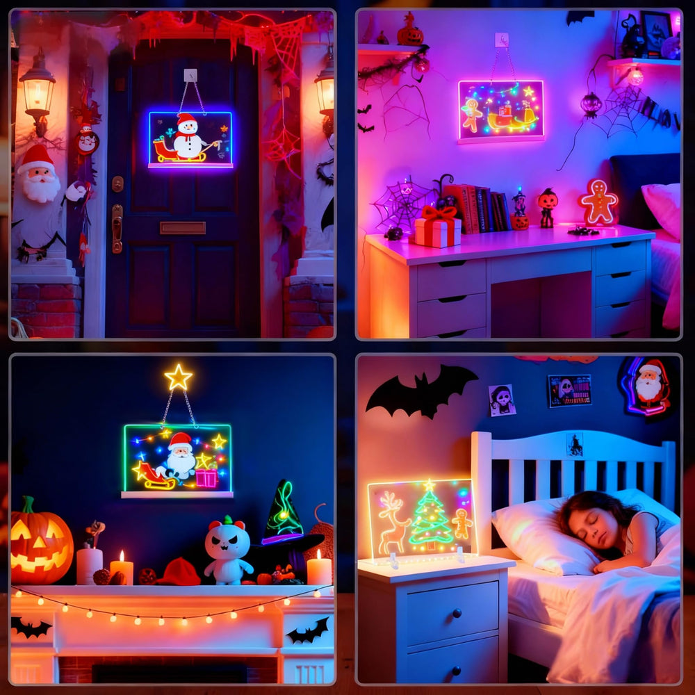 Momozzle LED drawing board glow mode highlights artwork in dim light.