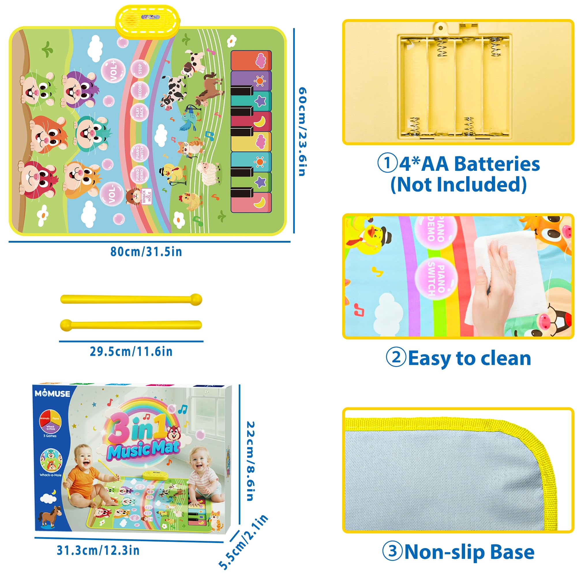 MOMUSE anti-slip-bottom design helps keep the mat stable during active play.