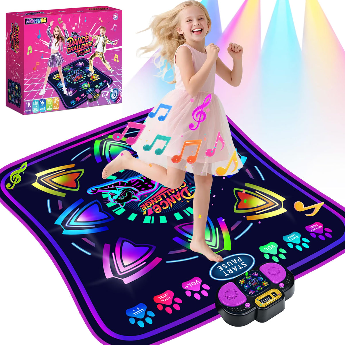MOMUSE Kids Dance Mat display shows progress and cues to boost rhythm.
