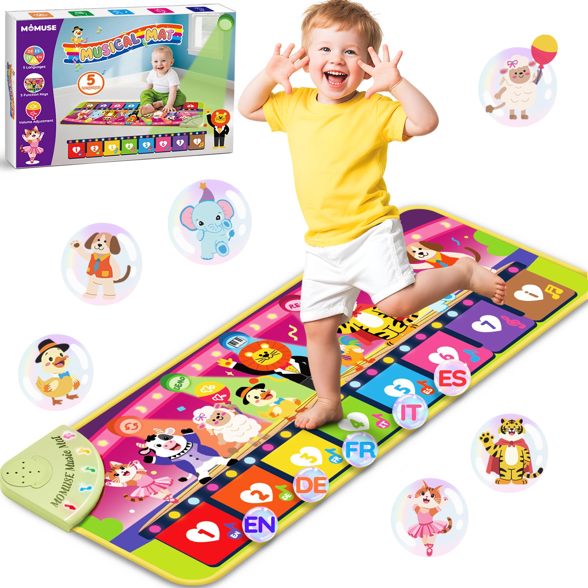 MOMUSE Music Piano Mat with animals engaging toddlers in sound exploration