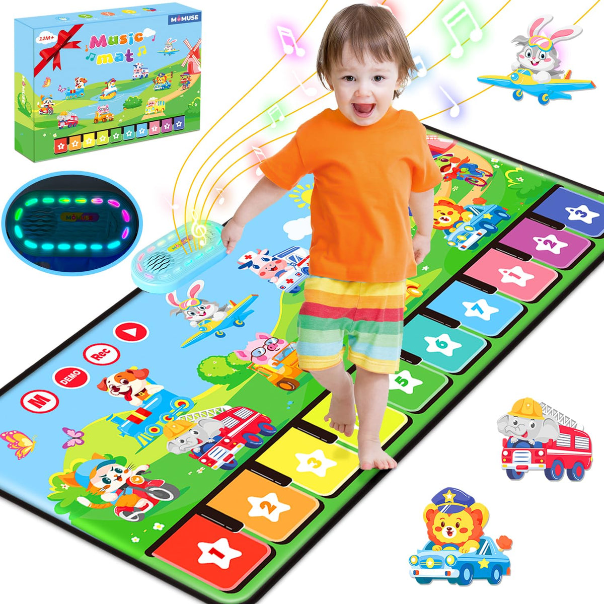 MOMUSE piano mat with animals and vehicles for imaginative play.