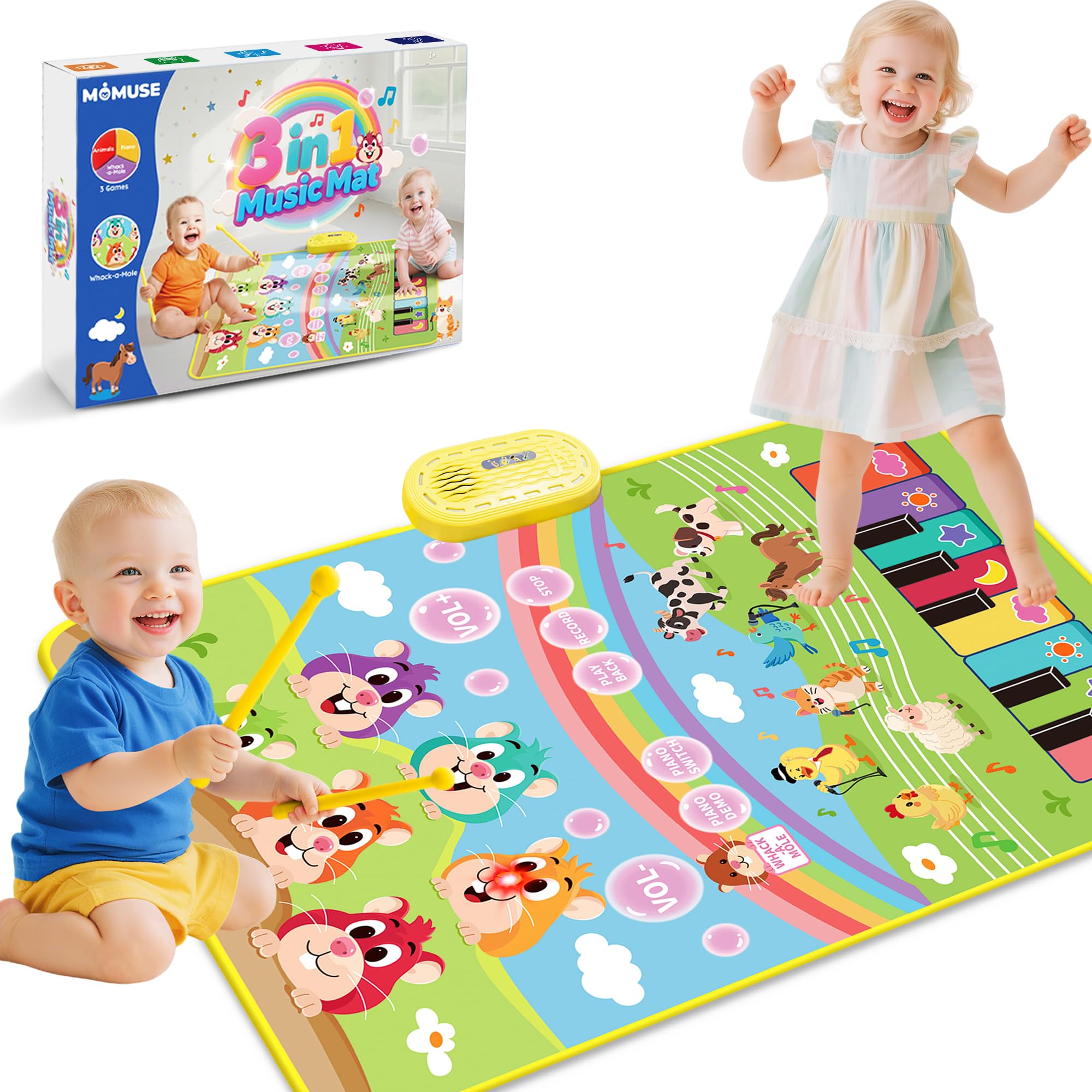 MOMUSE whack-a-mole zone play on the floor piano mat boosts active play and coordination.